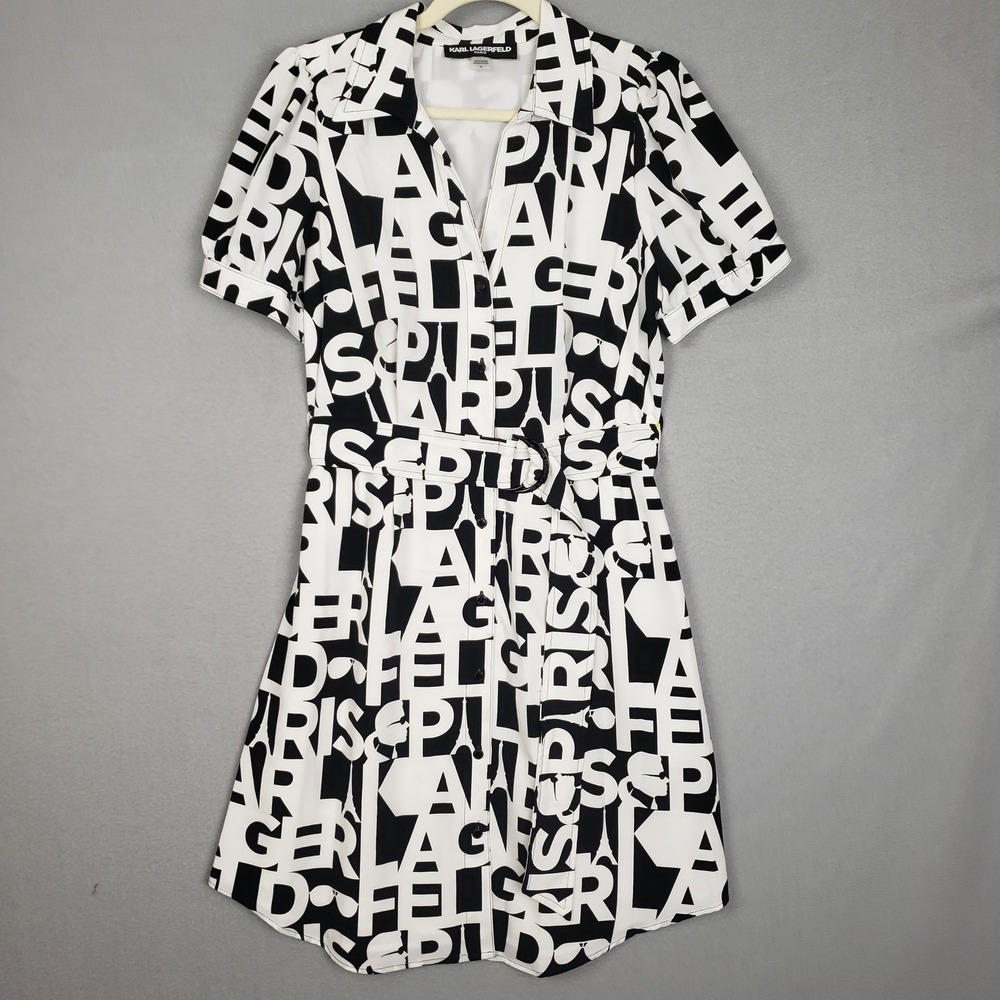 Karl Lagerfeld 10 Logo Letter Print Mini Dress Black White Belted Button Down
